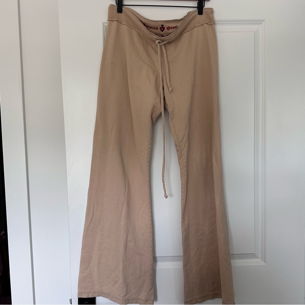 Twisted Heart (Large) Y2K Neutral Tan Tie Waist Flare Leg Sweatpants